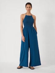 Hush Blue Shirred Seersucker Wide Leg Jumpsuit - Image 2 of 5