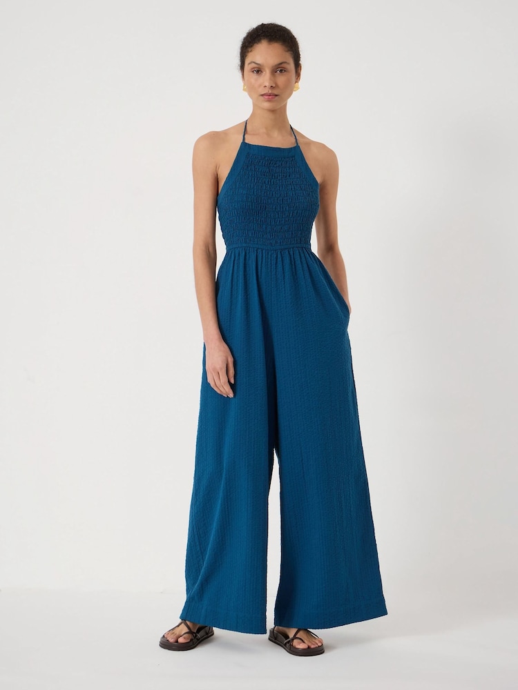 Hush Blue Shirred Seersucker Wide Leg Jumpsuit - Image 2 of 5