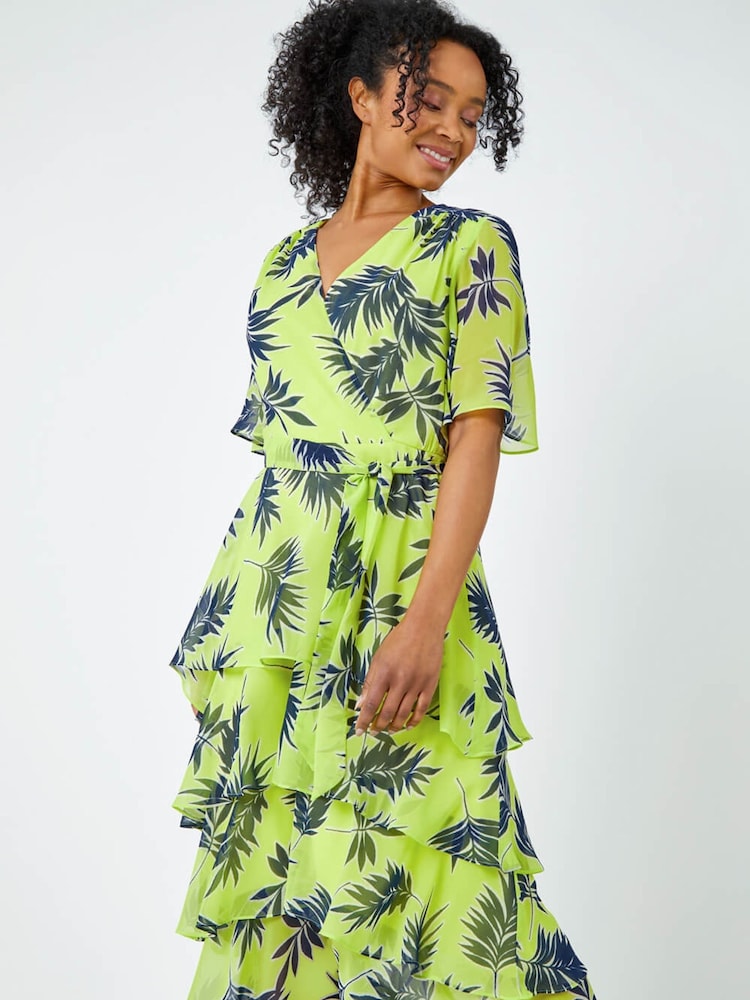 Roman Green Tropical Print Tiered Midi Dress - Image 1 of 5