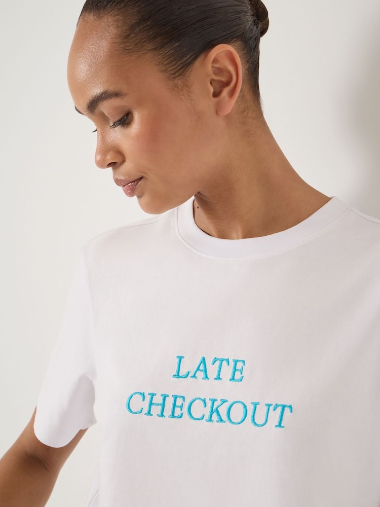 Hush White Late Checkout Embroidered Cotton T-Shirt - Image 4 of 4