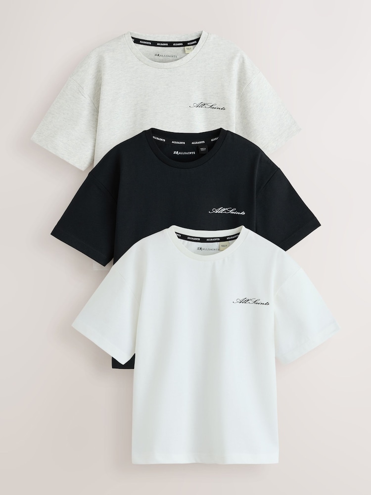 smALLSAINTS Black/White Script Crew Neck Relaxed T-Shirts 3 Pack - Image 1 of 7 smALLSAINTS Black/White Script Crew Neck Relaxed T-Shirts 3 Pack - Image 1 of 7