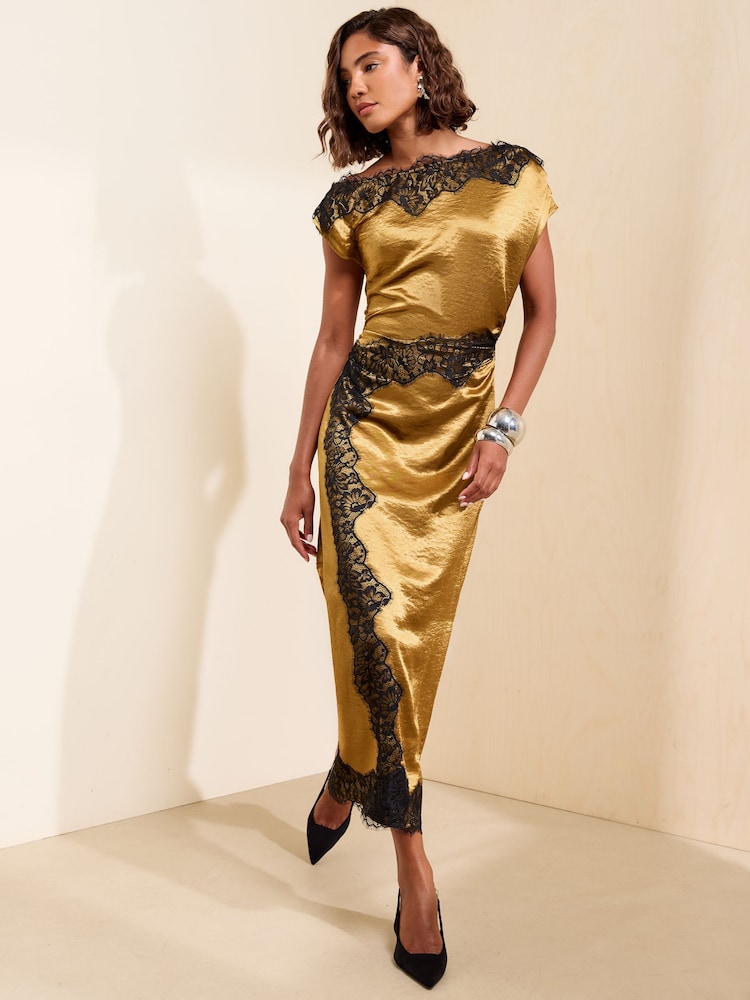 Friends Like These X Mollie King Olive Green Lace Trim Slash Neck Satin Midi Dress - Image 2 of 6 Friends Like These X Mollie King Olive Green Lace Trim Slash Neck Satin Midi Dress - Image 2 of 6