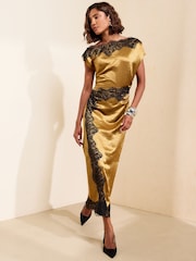 Friends Like These X Mollie King Olive Green Lace Trim Slash Neck Satin Midi Dress - Image 4 of 6