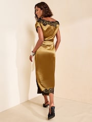 Friends Like These X Mollie King Olive Green Lace Trim Slash Neck Satin Midi Dress - Image 6 of 6