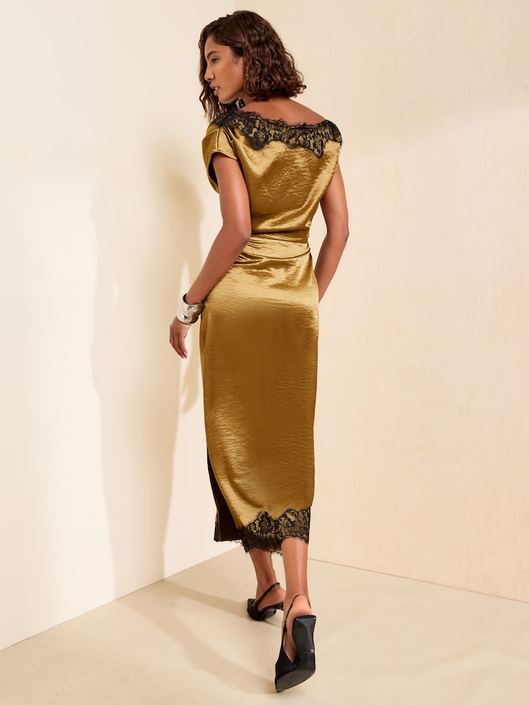 Friends Like These X Mollie King Olive Green Lace Trim Slash Neck Satin Midi Dress - Image 6 of 6 Friends Like These X Mollie King Olive Green Lace Trim Slash Neck Satin Midi Dress - Image 6 of 6