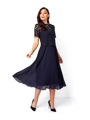 Roman Blue Lace Top Overlay Pleated Midi Dress - Image 1 of 4