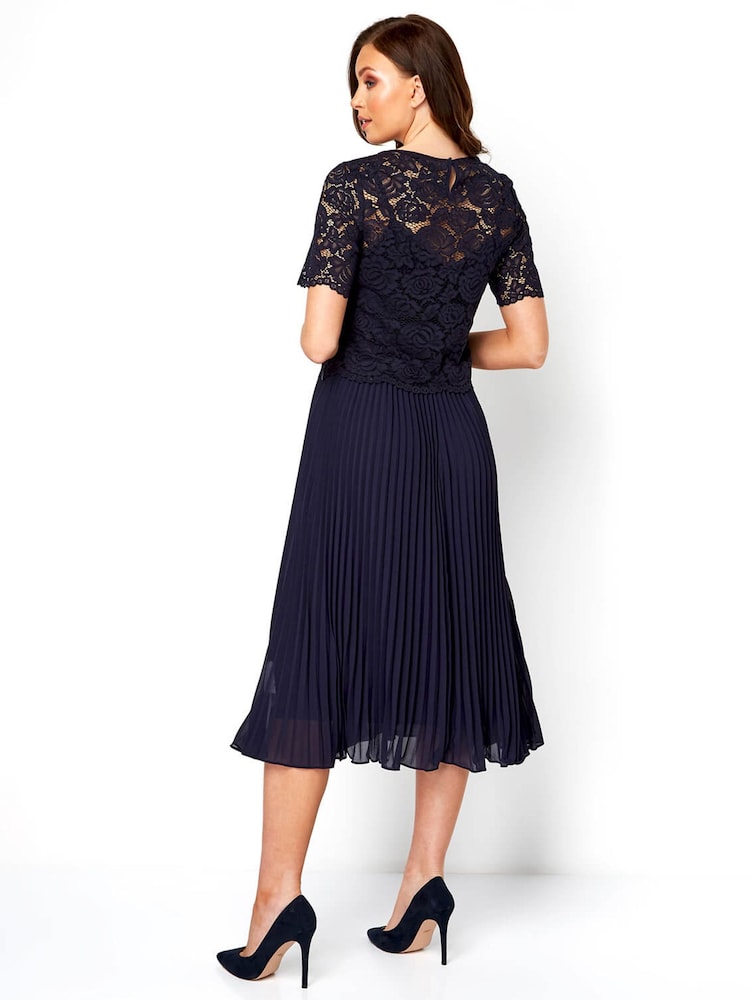 Roman Blue Lace Top Overlay Pleated Midi Dress - Image 2 of 4