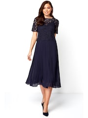 Roman Blue Lace Top Overlay Pleated Midi Dress - Image 3 of 4