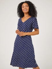 Roman Blue Petite Spot Print Stretch Jersey Dress - Image 1 of 5