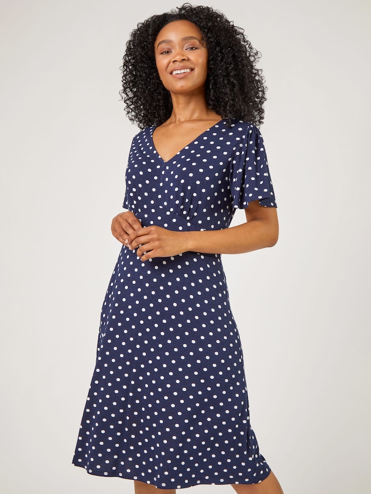 Roman Blue Petite Spot Print Stretch Jersey Dress - Image 1 of 5