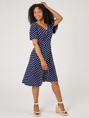 Roman Blue Petite Spot Print Stretch Jersey Dress - Image 2 of 5