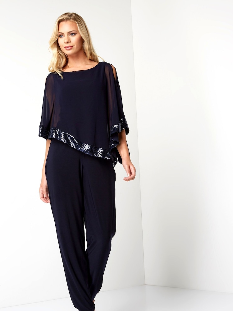 Roman Blue Sequin Trim Overlay Jumpsuit - Image 1 of 4
