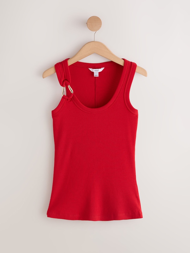 Red Trim Hardware Detail Racer Ribbed Vest Top - Image 1 of 3 Red Trim Hardware Detail Racer Ribbed Vest Top - Image 1 of 3