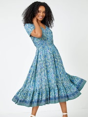 Roman Blue Petite Paisley Print Frill Hem Midi Dress - Image 1 of 5