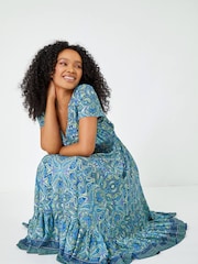 Roman Blue Petite Paisley Print Frill Hem Midi Dress - Image 2 of 5