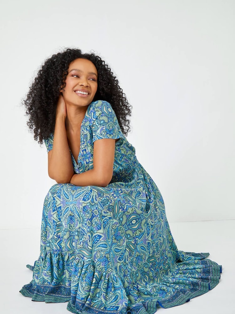 Roman Blue Petite Paisley Print Frill Hem Midi Dress - Image 2 of 5