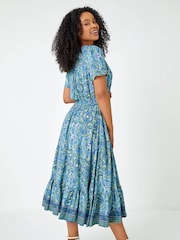 Roman Blue Petite Paisley Print Frill Hem Midi Dress - Image 3 of 5