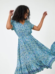 Roman Blue Petite Paisley Print Frill Hem Midi Dress - Image 4 of 5