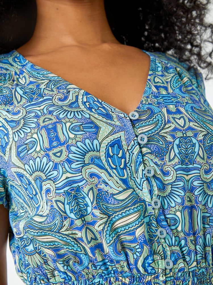 Roman Blue Petite Paisley Print Frill Hem Midi Dress - Image 5 of 5