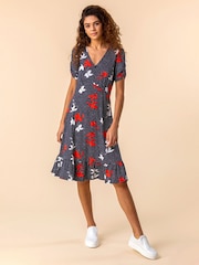 Roman Blue Floral Spot Print Frill Hem Dress - Image 1 of 4