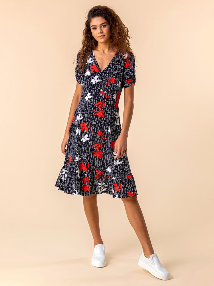 Roman Blue Floral Spot Print Frill Hem Dress - Image 1 of 4