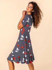 Roman Blue Floral Spot Print Frill Hem Dress - Image 3 of 4