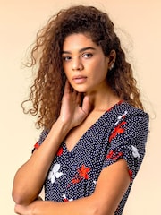 Roman Blue Floral Spot Print Frill Hem Dress - Image 4 of 4