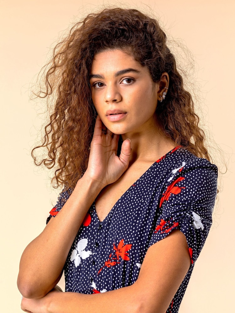 Roman Blue Floral Spot Print Frill Hem Dress - Image 4 of 4