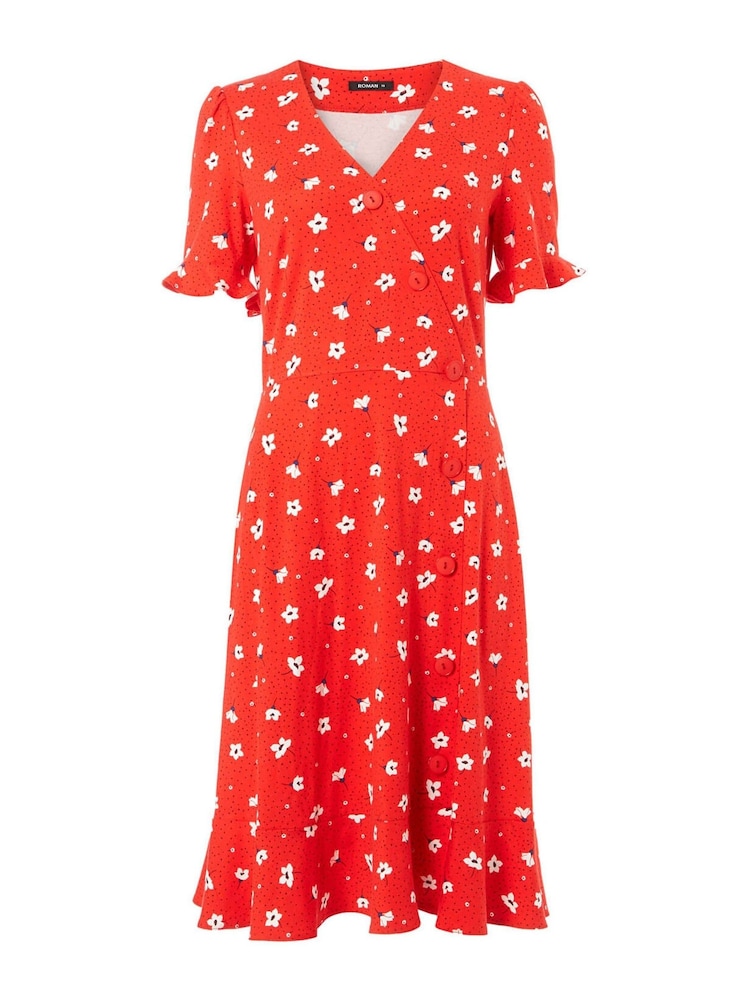Roman Red Roman Floral Side Button Tea Dress - Image 4 of 4 Roman Red Roman Floral Side Button Tea Dress - Image 4 of 4
