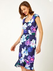 Roman Blue Premium Stretch Floral Frill Hem Dress - Image 1 of 5
