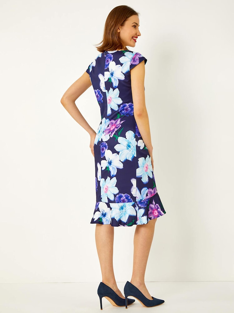 Roman Blue Premium Stretch Floral Frill Hem Dress - Image 2 of 5