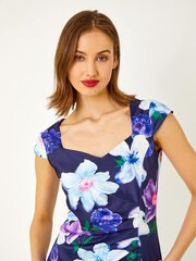 Roman Blue Premium Stretch Floral Frill Hem Dress - Image 4 of 5