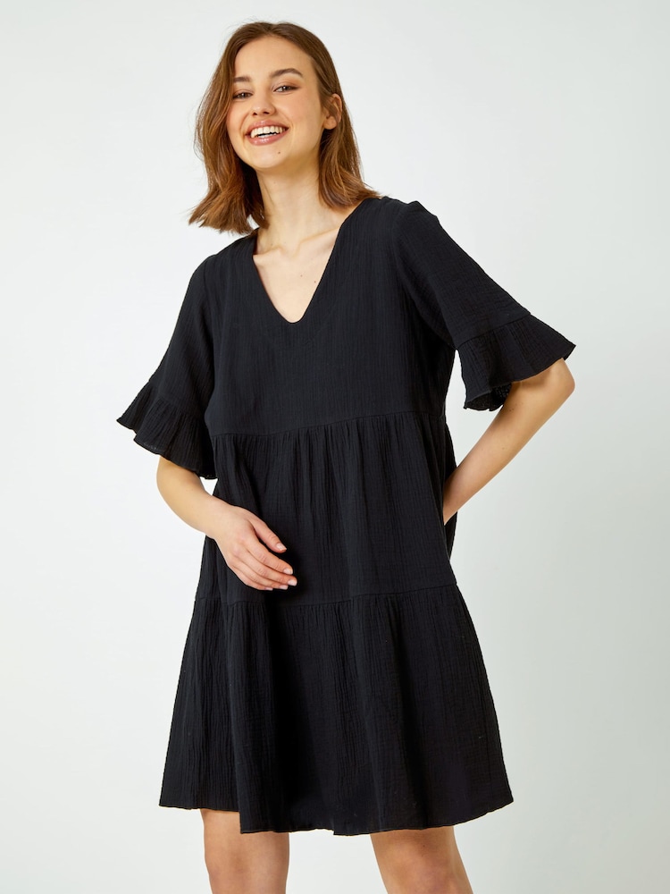 Roman Black Textured Tiered Smock Dress - Image 1 of 5