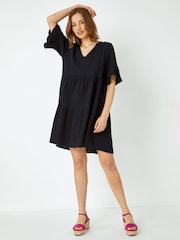 Roman Black Textured Tiered Smock Dress - Image 2 of 5