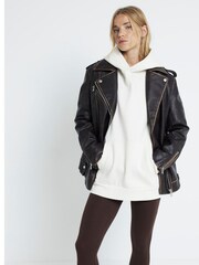 River Island Brown Faux Leather Oversized Distressed Biker Jacket - Image 2 of 6