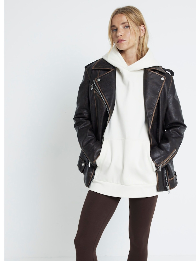 River Island Brown Faux Leather Oversized Distressed Biker Jacket - Image 2 of 6