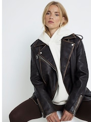 River Island Brown Faux Leather Oversized Distressed Biker Jacket - Image 3 of 6