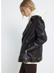 River Island Brown Faux Leather Oversized Distressed Biker Jacket - Image 4 of 6