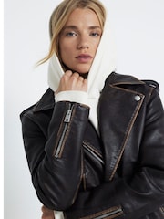 River Island Brown Faux Leather Oversized Distressed Biker Jacket - Image 5 of 6