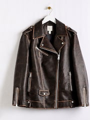 River Island Brown Faux Leather Oversized Distressed Biker Jacket - Image 6 of 6
