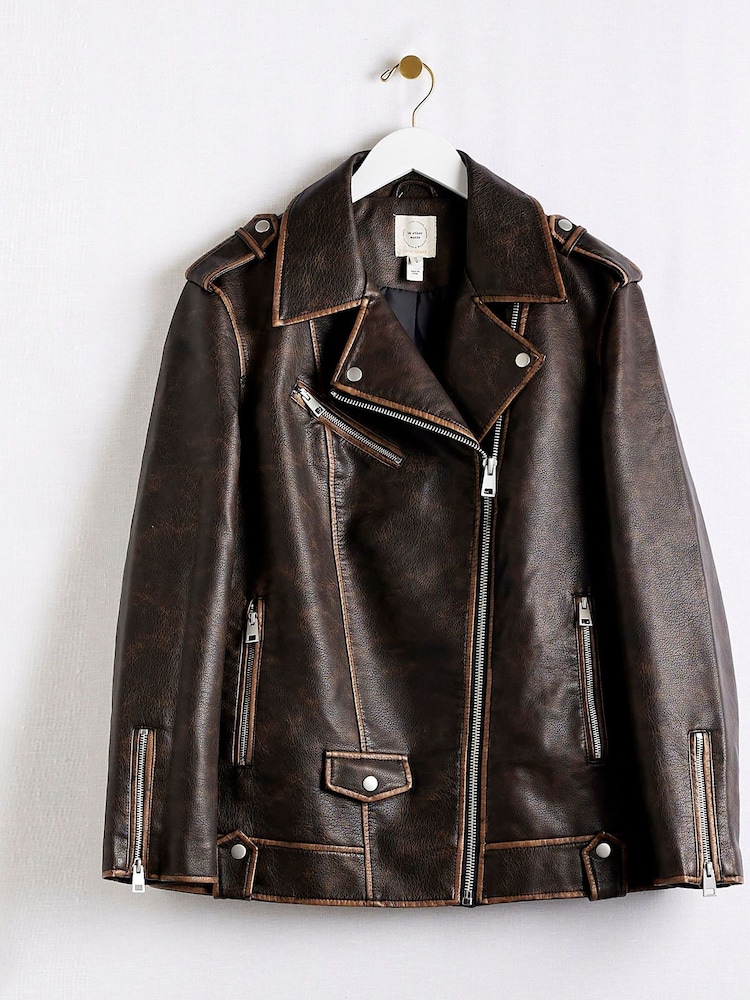 River Island Brown Faux Leather Oversized Distressed Biker Jacket - Image 6 of 6