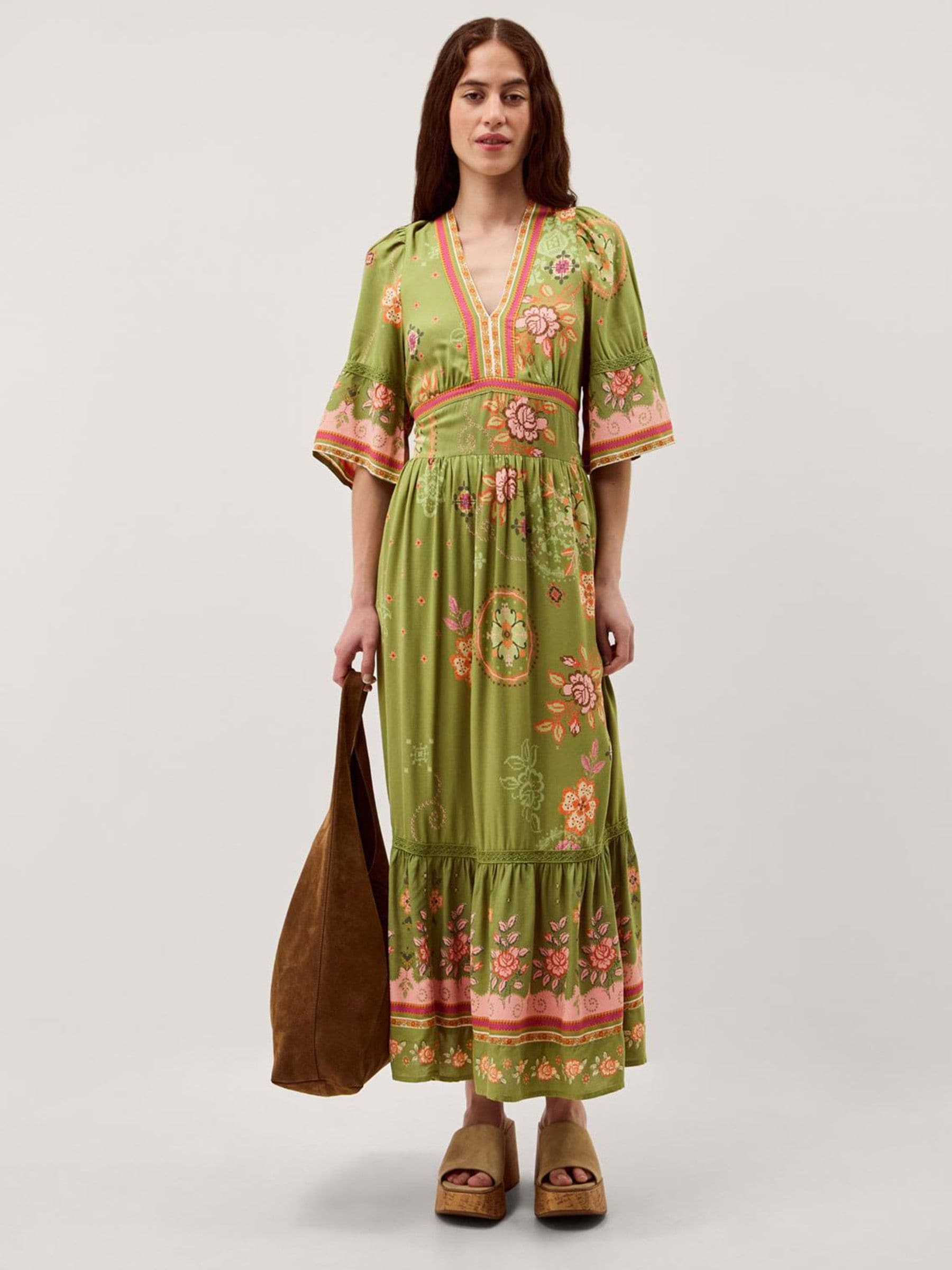 新品 nagonstans Border-sleeves Dress 25ss Buy Monsoon Green Eline V-Neck Floral Printed Half Sleeve Maxi