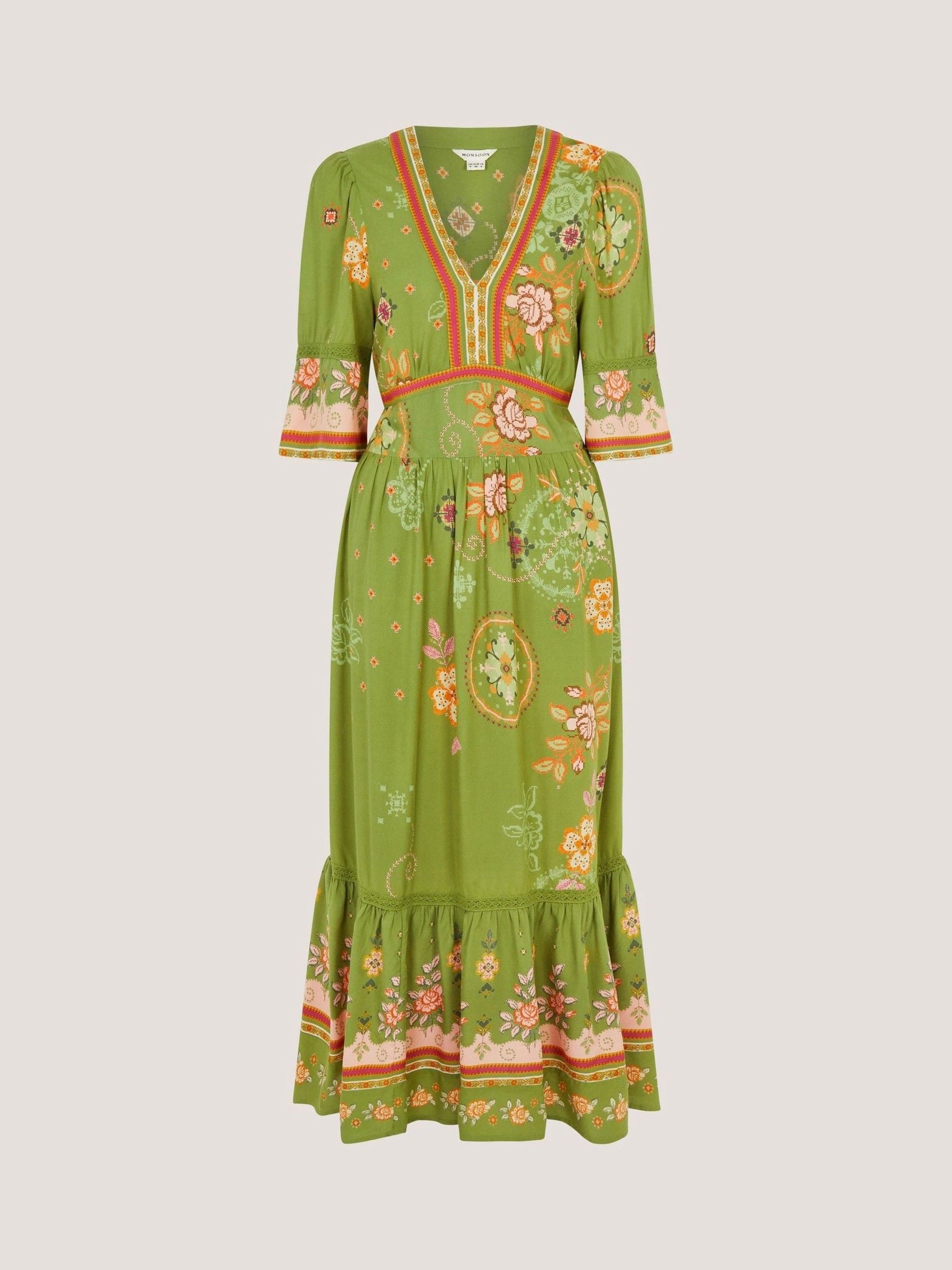 Buy Monsoon Green Eline V-Neck Floral Printed Half Sleeve Maxi
