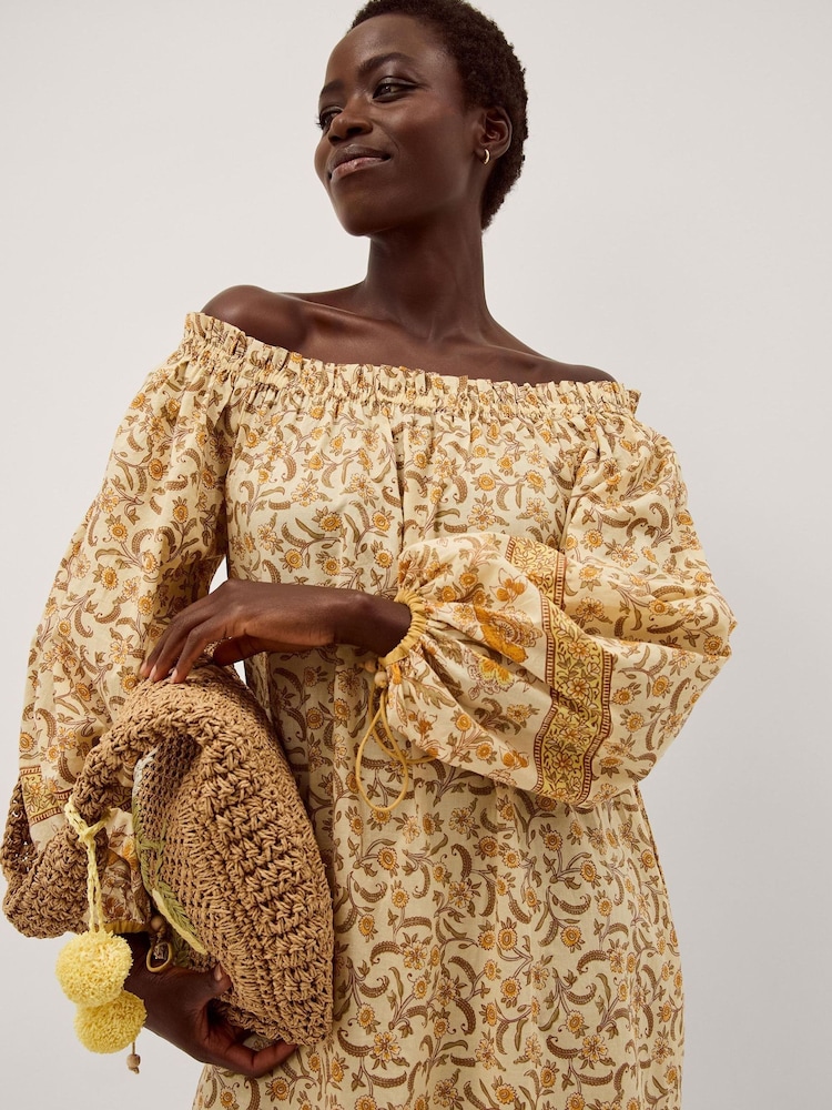 Monsoon Yellow Ari Bardot Floral Midi Dress - Image 2 of 4 Monsoon Yellow Ari Bardot Floral Midi Dress - Image 2 of 4