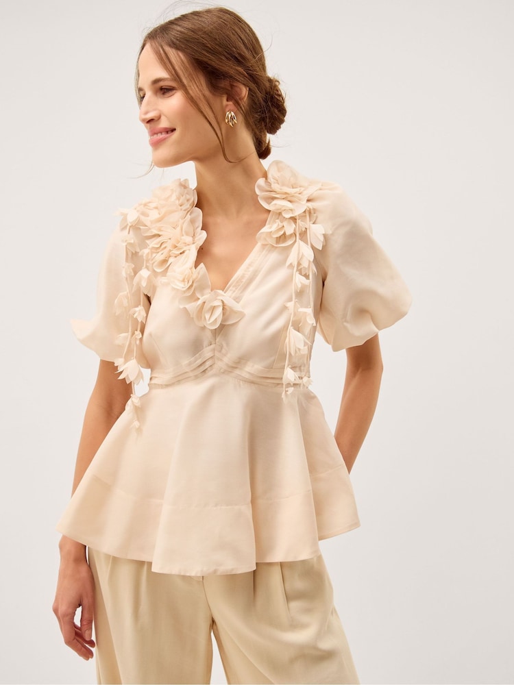 Monsoon Cream Clarissa V-Neck Floral Appliqué Short Sleeve Blouse - Image 2 of 3 Monsoon Cream Clarissa V-Neck Floral Appliqué Short Sleeve Blouse - Image 2 of 3
