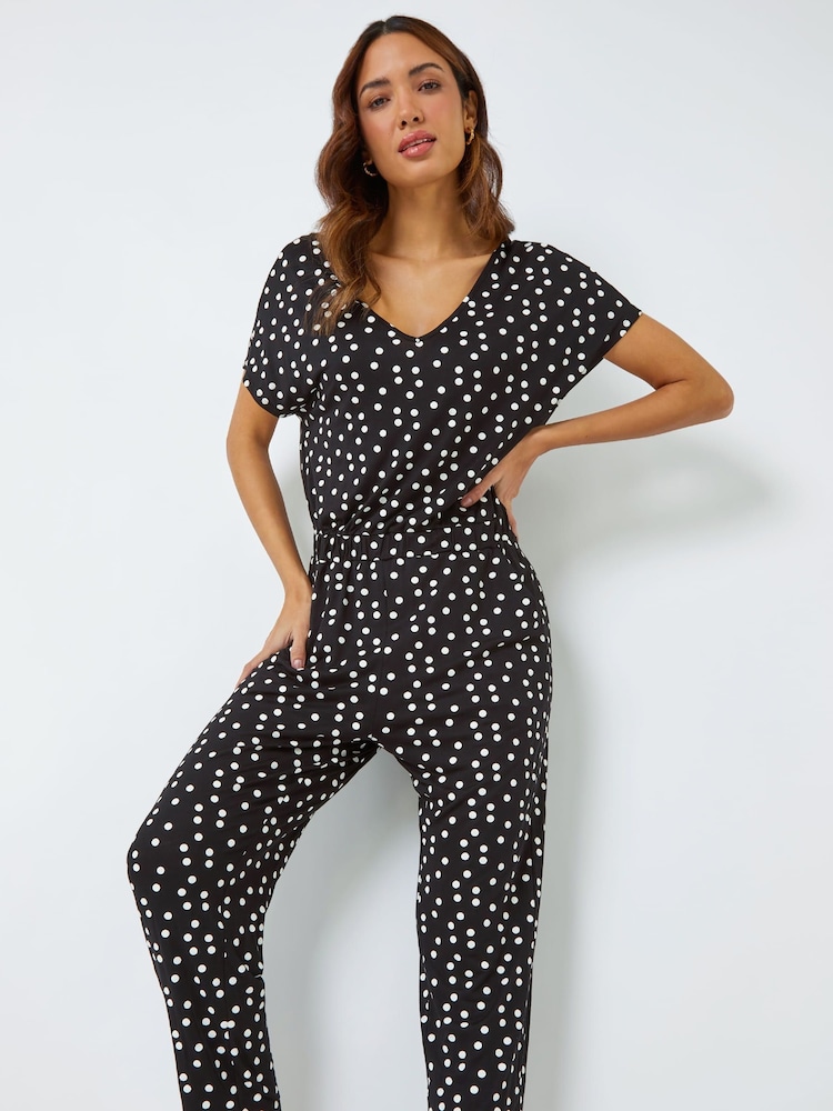 Roman Black Polka Dot Print Stretch Jumpsuit - Image 1 of 5