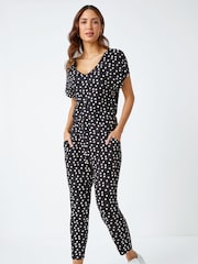 Roman Black Polka Dot Print Stretch Jumpsuit - Image 2 of 5
