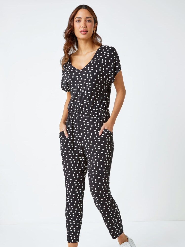 Roman Black Polka Dot Print Stretch Jumpsuit - Image 2 of 5