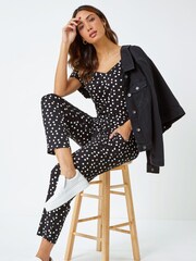 Roman Black Polka Dot Print Stretch Jumpsuit - Image 4 of 5