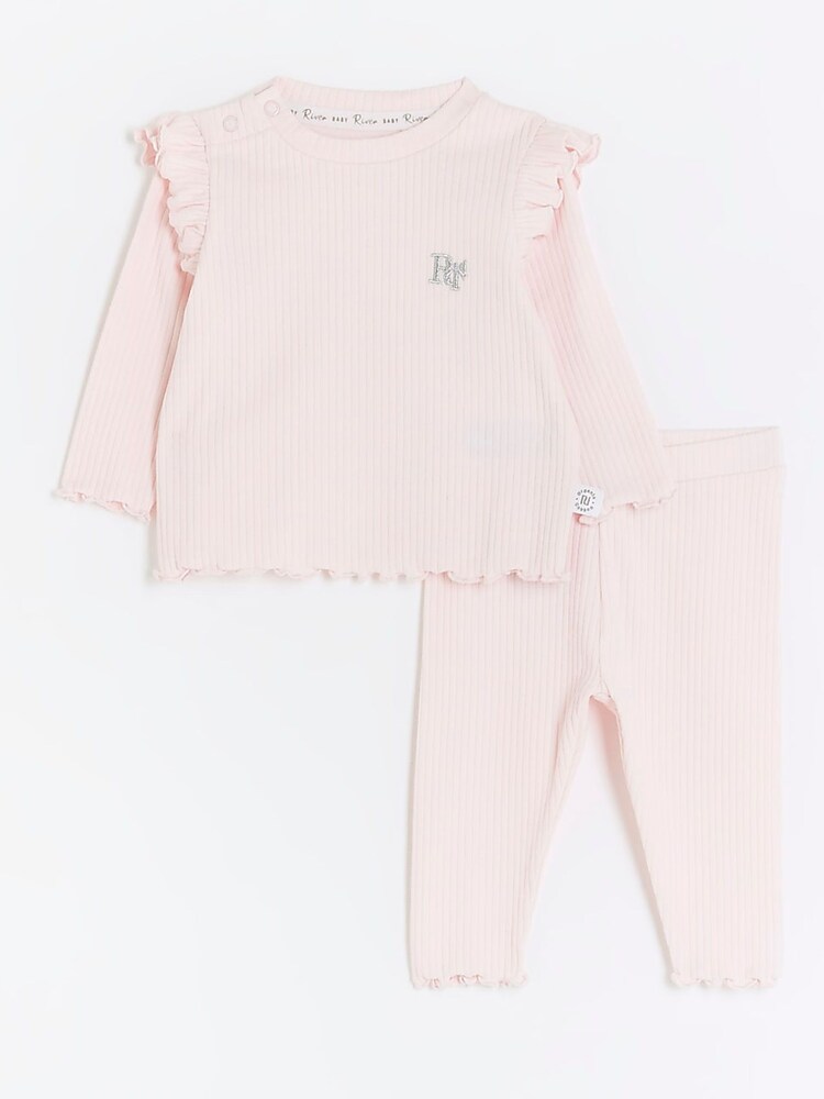 River Island Pink Baby Girls 100% Cotton Frill Rib Set - Image 1 of 5 River Island Pink Baby Girls 100% Cotton Frill Rib Set - Image 1 of 5